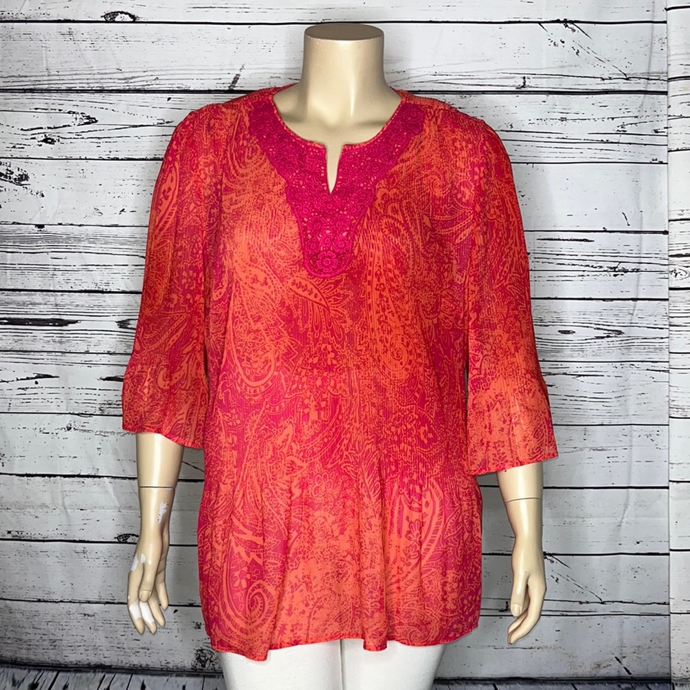 Maggie Barnes Catherines 2X 22/24W Paisley Crochet Lace Accordion Pleat Blouse